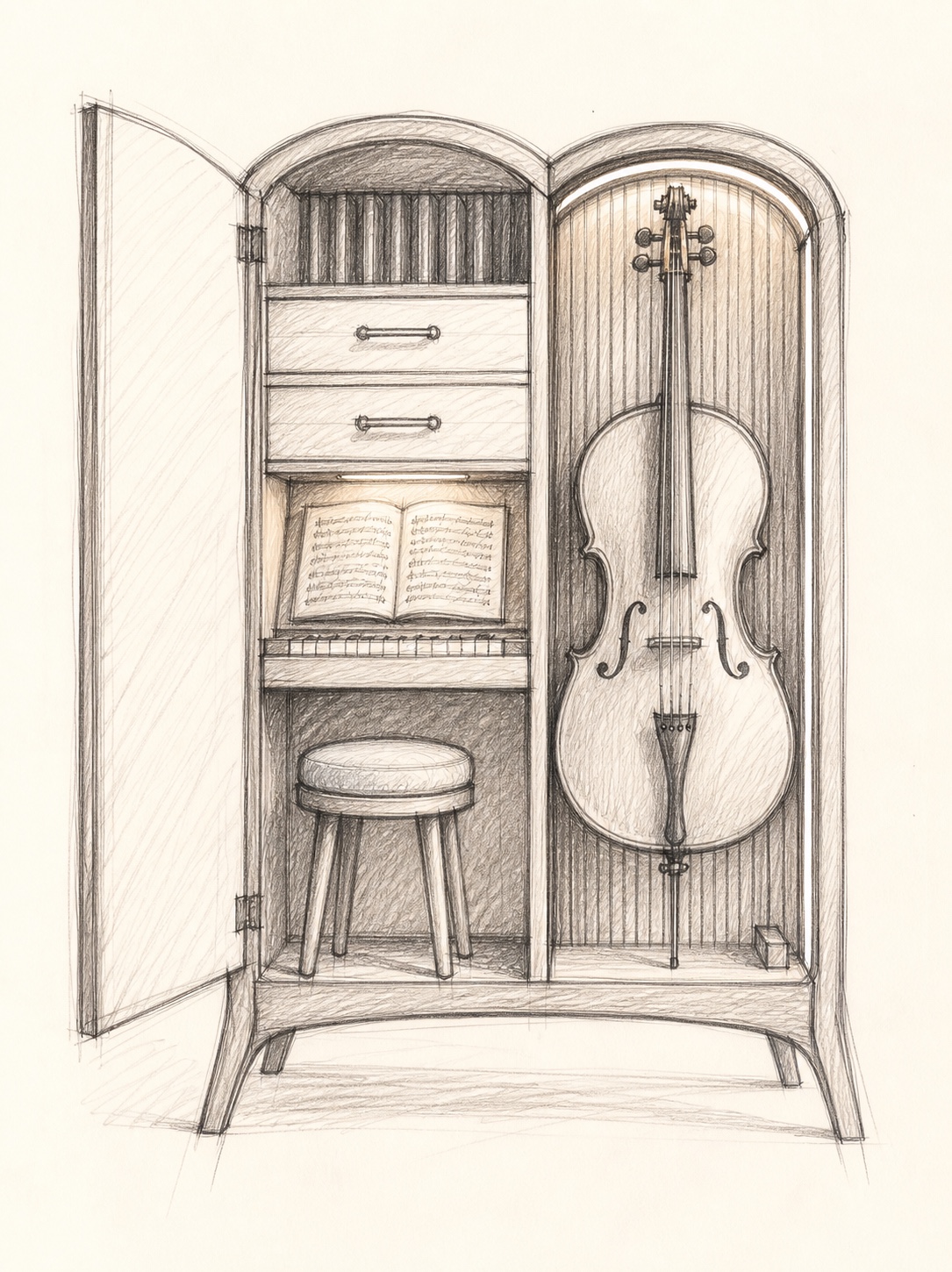 Croquis de conception du meuble pour violoncelle