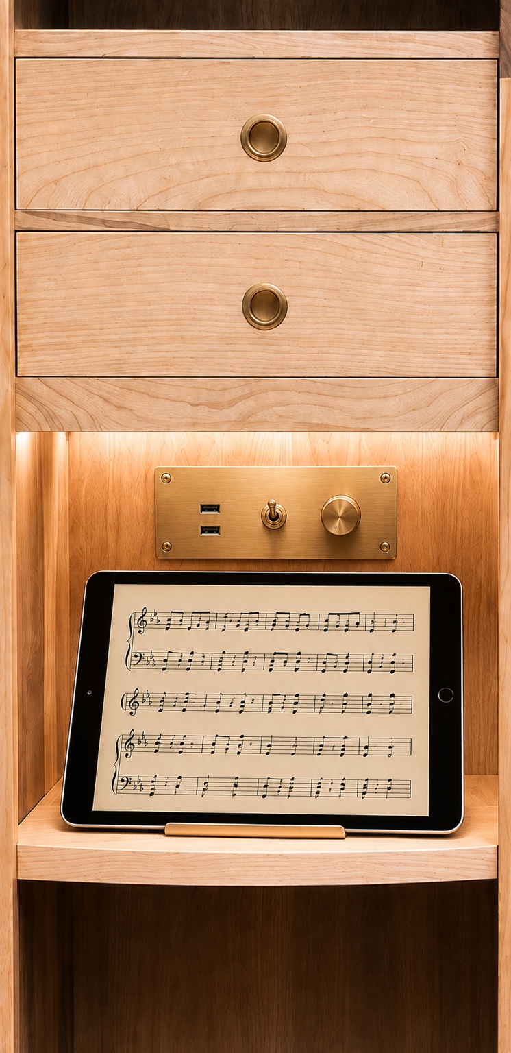 Tablette affichant une partition sous une plaque de commandes en laiton intégrée au meuble